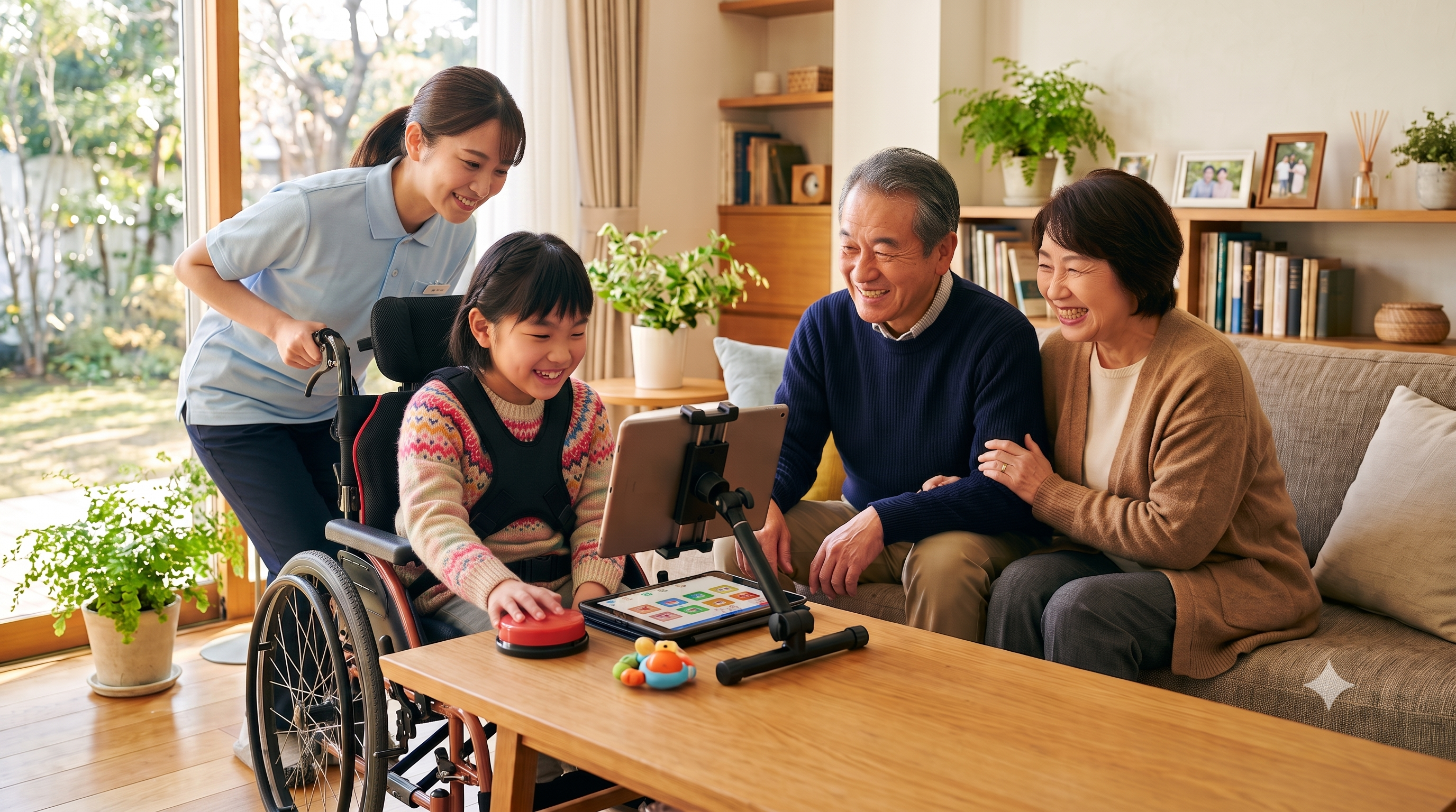 陽の光が心地よく差し込むモダンなリビングルーム。笑顔の日本人高齢男性と車椅子に乗った若い日本人女性が、ソファに並んでタブレット端末を一緒に見つめながら嬉しそうに操作している日常の様子。室内のクッションやブランケットには温かみのあるオレンジ色のアクセントカラーが配されており、テクノロジーによって誰もが快適で自立した豊かな暮らしを送っている包摂的な雰囲気。